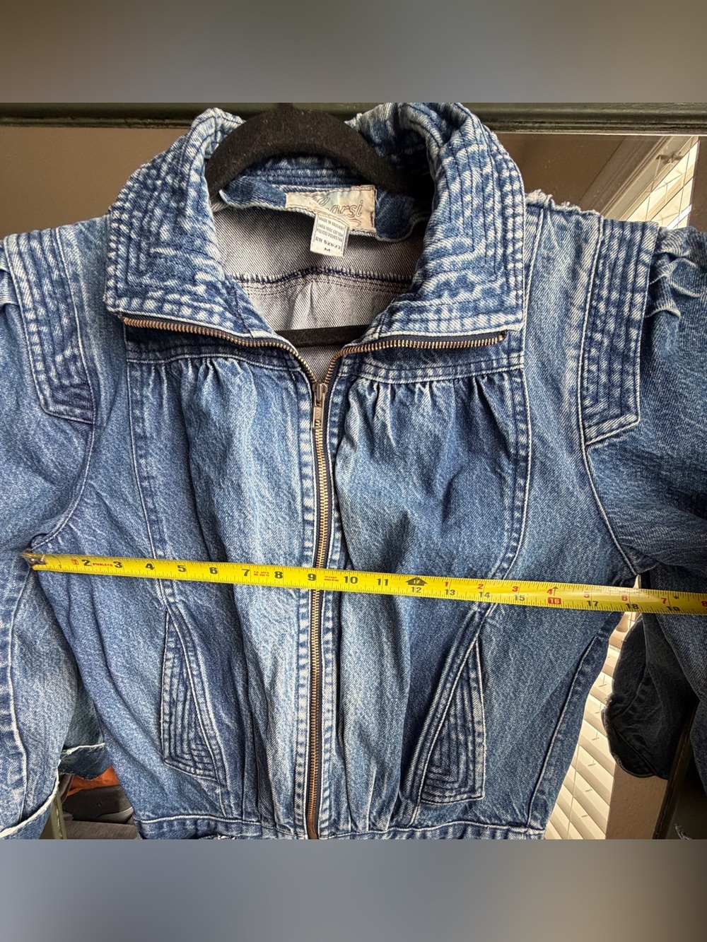 Vintage 80s Learsi Puffed Shoulder Denim Jacket M Boho Acid Wash Moto Bomber - Picture 7 of 11